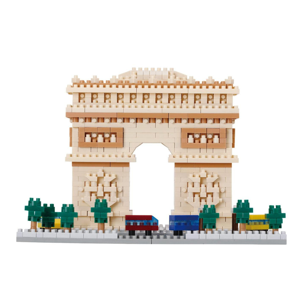 A 3D model of the Arc de Triomphe, a famous monument located in Paris, France. The model is composed of small, colorful building blocks that have been assembled to create the iconic structure.