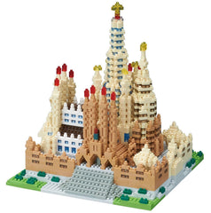 A detailed 3D model of a cityscape made up of numerous small building blocks, showcasing intricate architectural details and structures.