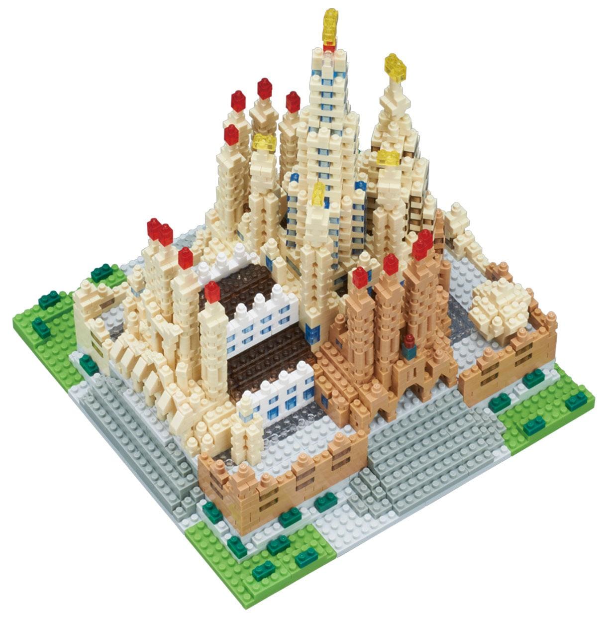 A detailed 3D model of a castle-like structure made of colorful building blocks, showcasing intricate architectural details and various shapes.