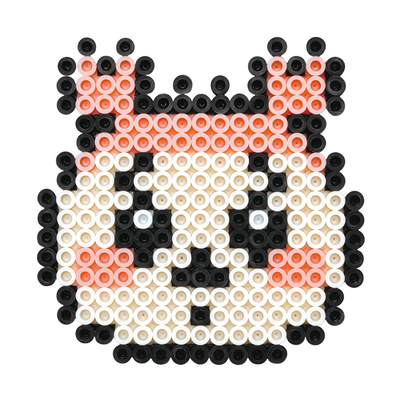 A pixelated character composed of small circular beads in various colors, including black, orange, and white, arranged to form a face-like design.