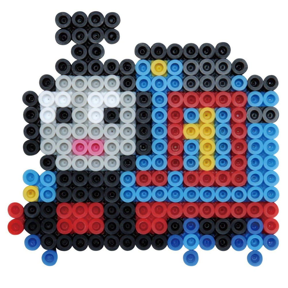 A colorful mosaic-like image composed of various colored plastic beads, including red, blue, yellow, and black, arranged in a playful and creative manner.