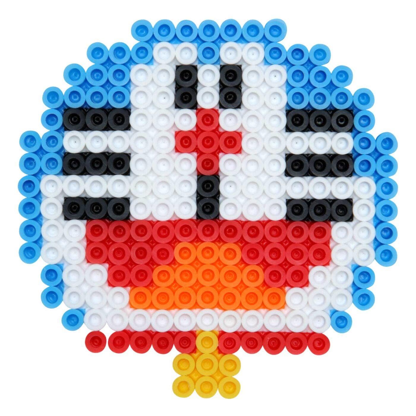 A pixelated image depicting a colorful character composed of small blue, white, red, and yellow beads.