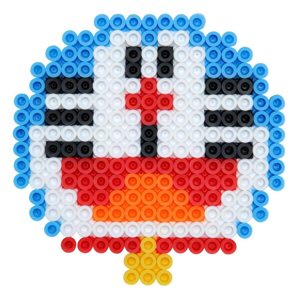 A pixelated image depicting a colorful character composed of small blue, white, red, and yellow beads.
