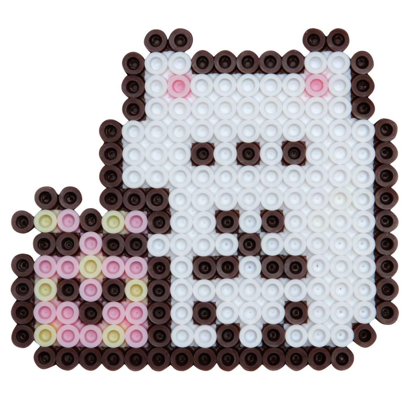 A pixelated image depicting a cute, cartoon-like character made up of small circular beads in various colors.