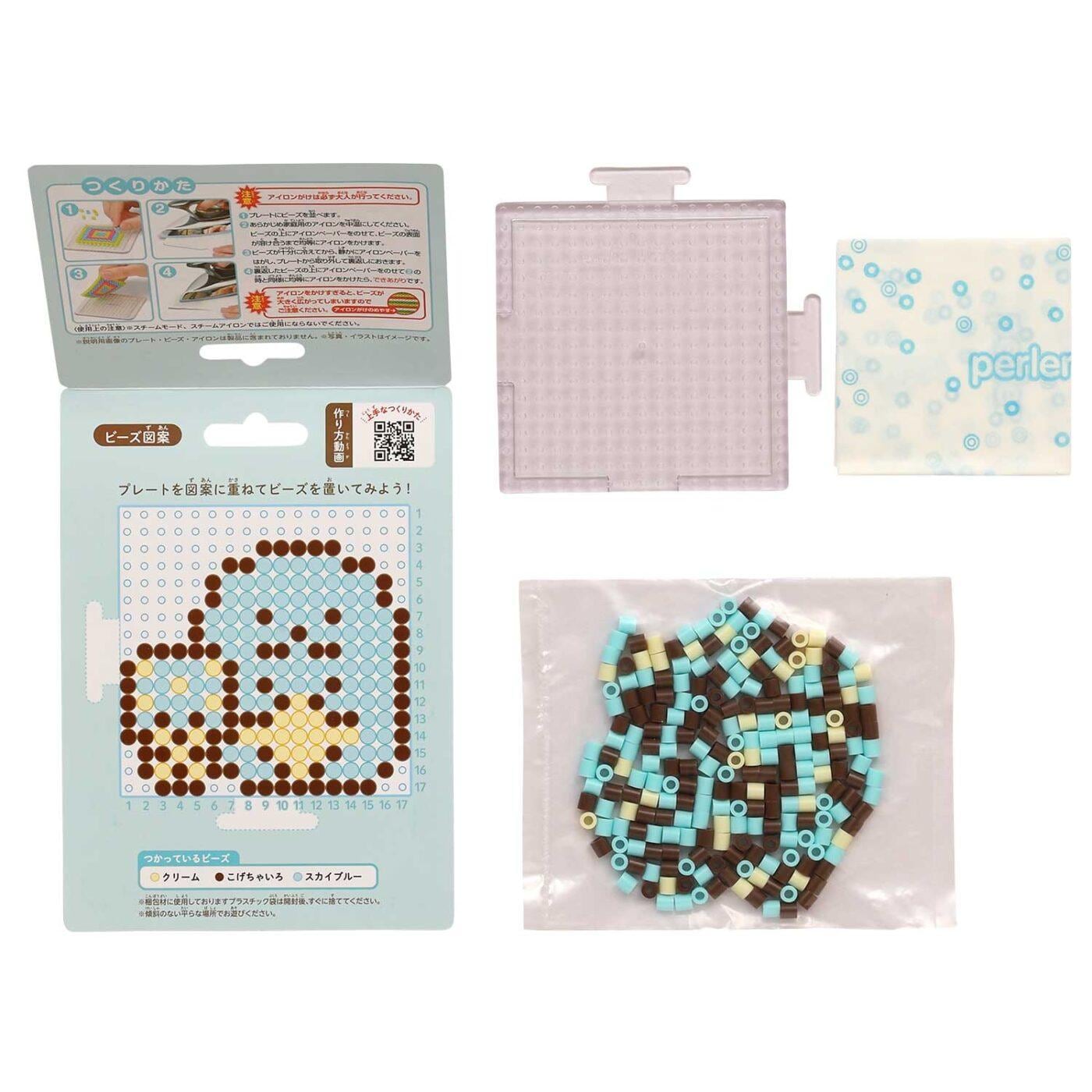 various items related to a craft or art project, including a package with instructions, a clear plastic container, and a bag filled with colorful beads.