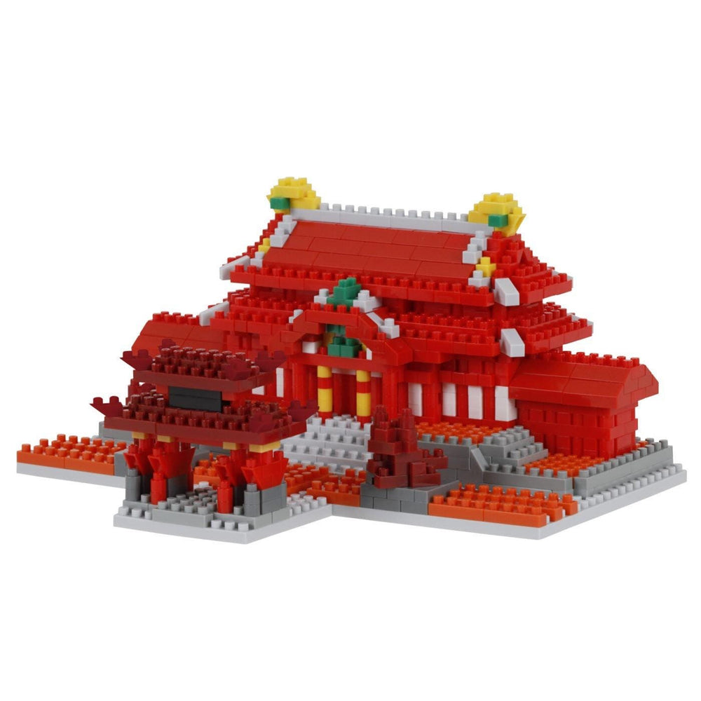 A 3D model of a red and white Chinese temple made of building blocks, with a yellow roof and green accents.