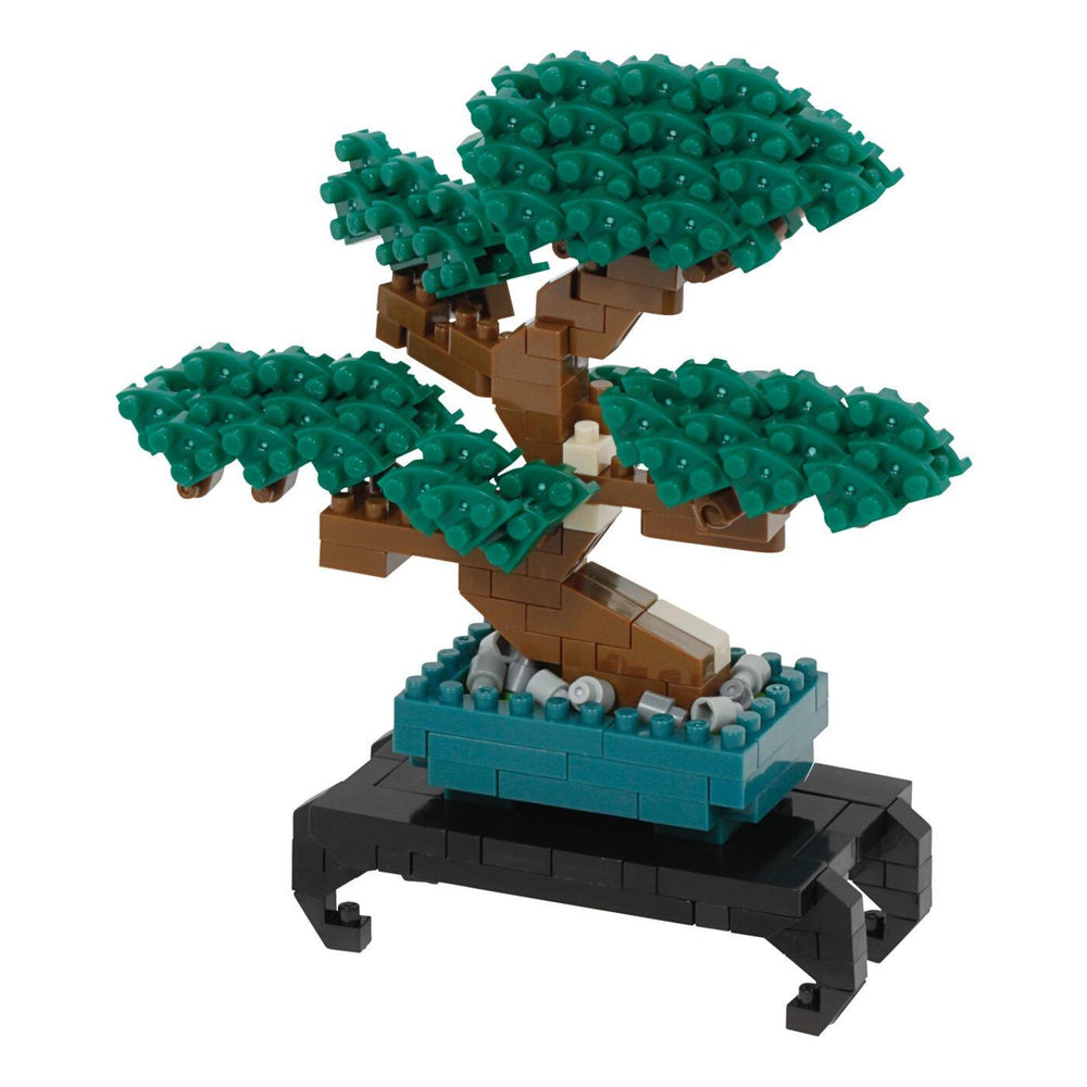 A Lego bonsai tree made of green and brown Lego bricks, placed on a black Lego base.