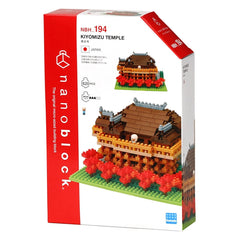 The image is a box for a building block set called "Kiyomizu Temple" from the Japanese toy company KAWADA. The box features a red and white color scheme and includes images of the temple and the set itself.