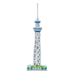 A white and blue Lego tower with a pointed top and a blue stripe on the side.