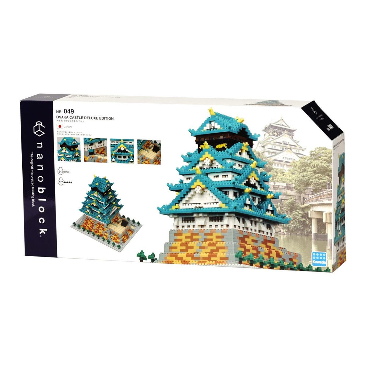 The image is a box containing a set of building blocks designed to resemble the Osaka Castle Deluxe Edition. The box features a collage of images depicting the castle and its surrounding environment, showcasing the intricate details and vibrant colors of the model.