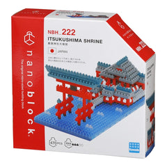 The image is a box for a building block set called " NBH-222 ItsukUSHIMA SHRINE" which is designed to resemble the ItsukUSHIMA shrine in Japan.