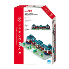 The image is a box for a building block set called "NHB 189 Tokyo Station Building" featuring a 3D model of the Tokyo Station Building.