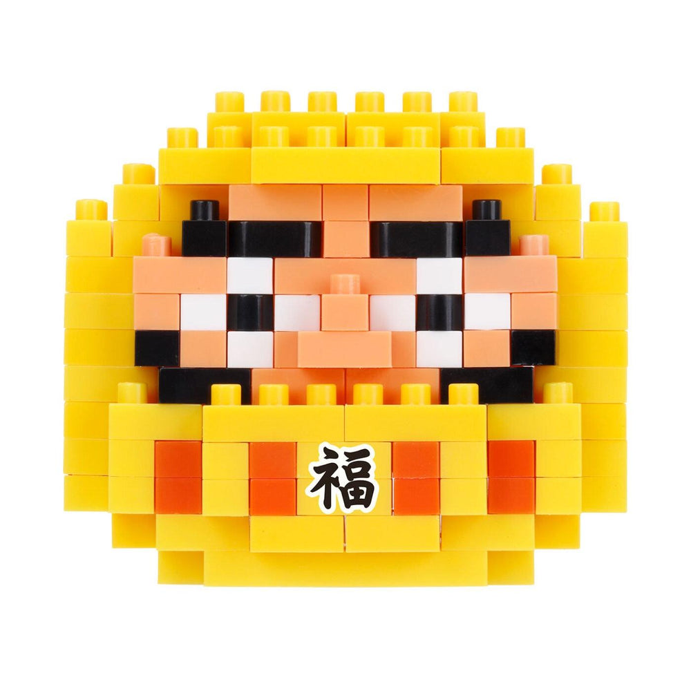 A yellow and black pixelated character composed of numerous small blocks, resembling a pixelated face or a character from a video game.