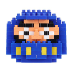 A colorful pixelated character made up of various blue, orange, and yellow blocks.