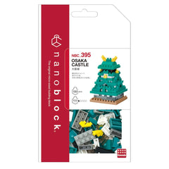 The image is a packaging for a Nano Block set, specifically the Osaka Castle set. The packaging features a red and white color scheme with the Nano Block logo prominently displayed.