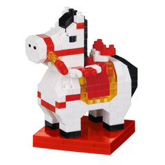 A toy horse made of colorful building blocks, including red, white, and black pieces, standing on a red base.