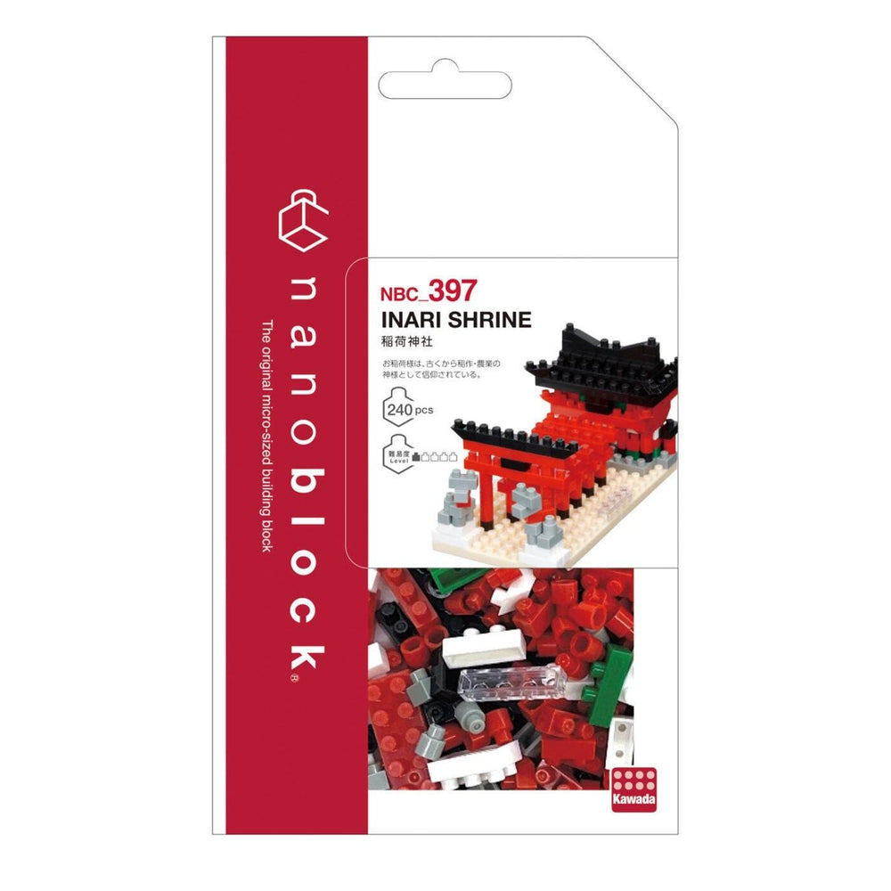 The image is a packaging for the "Nebo Block" product, specifically the "Inari Shrine" building block. The packaging features a close-up of the building block itself and a collage of various building blocks.