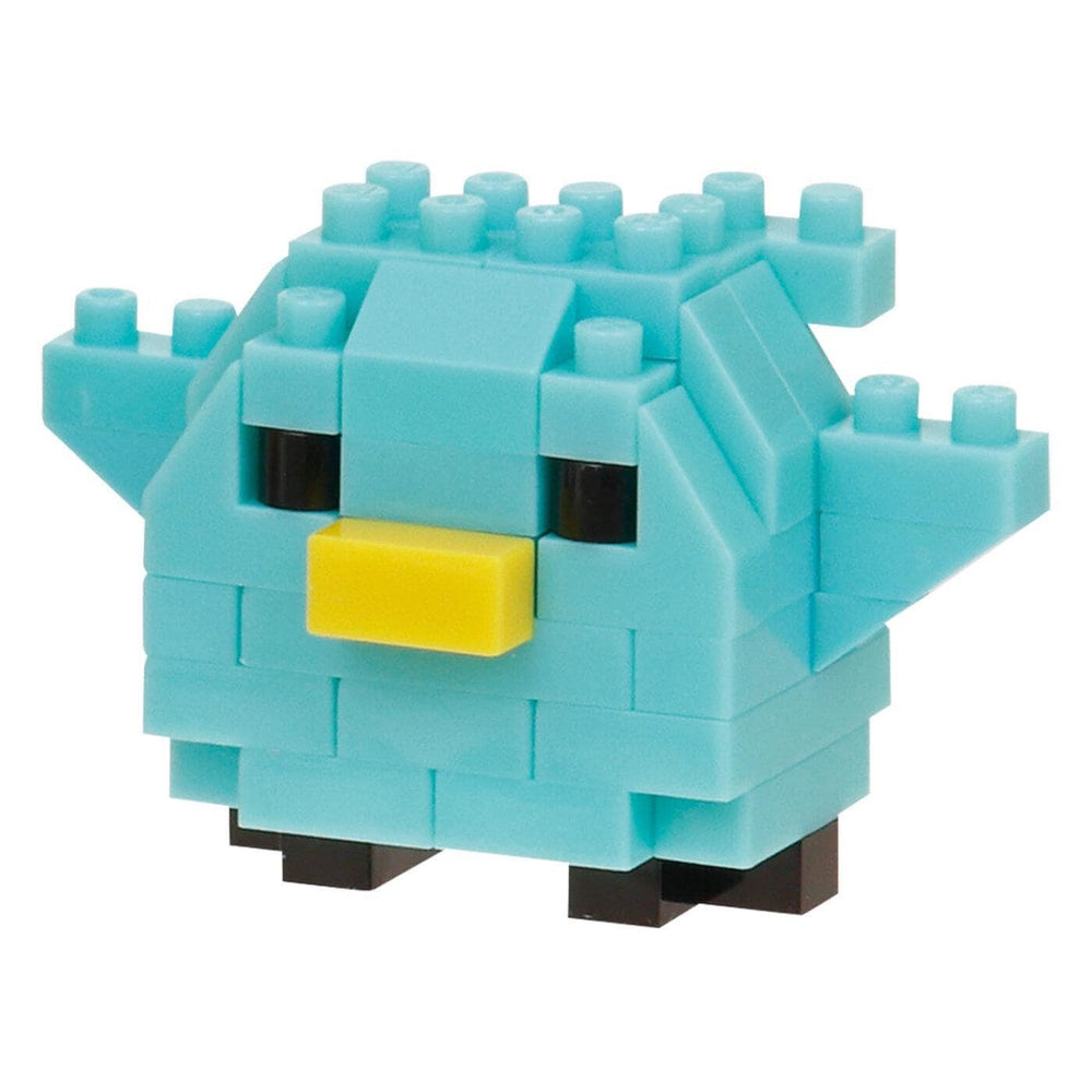 A small, colorful toy made of blue and yellow building blocks.