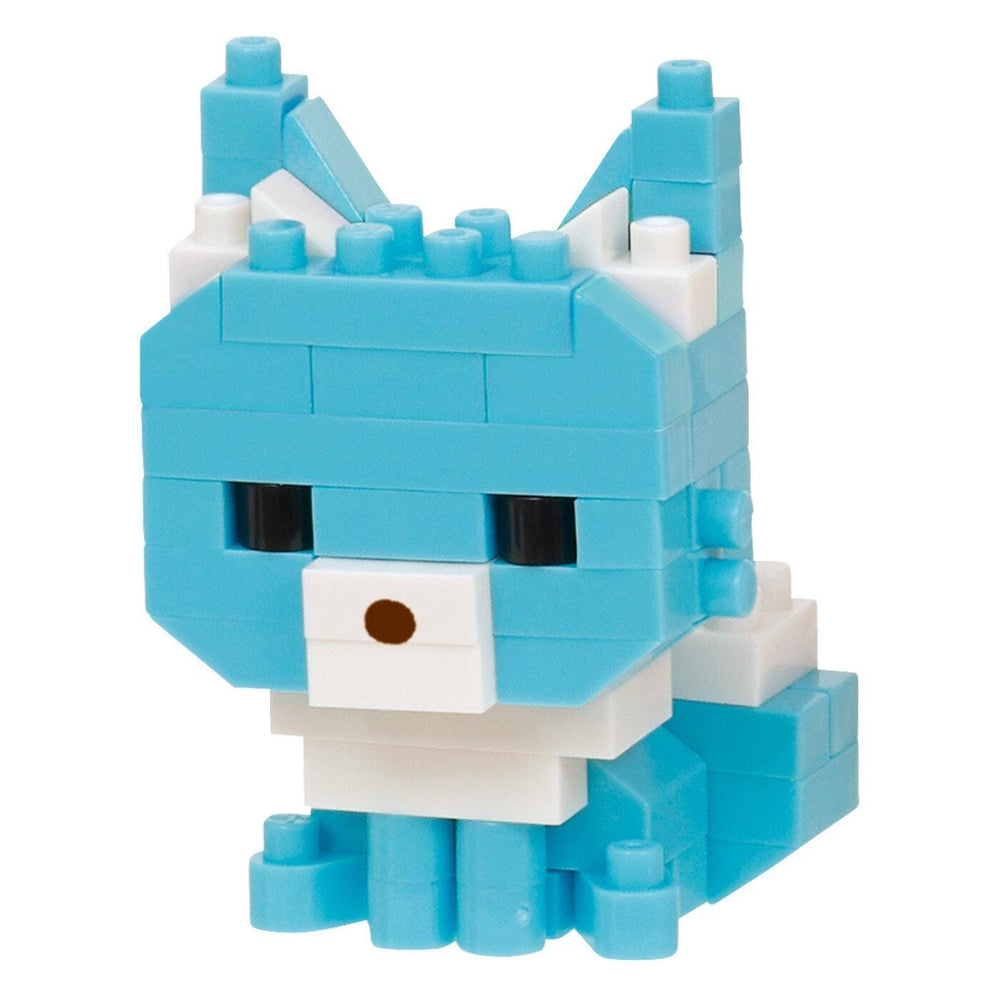 A small, blue and white toy cat made of building blocks.