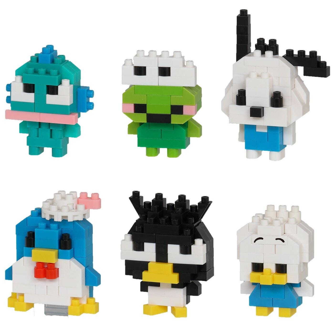 six colorful, pixelated character models, including a penguin, frog, dog, duck, and other animals.