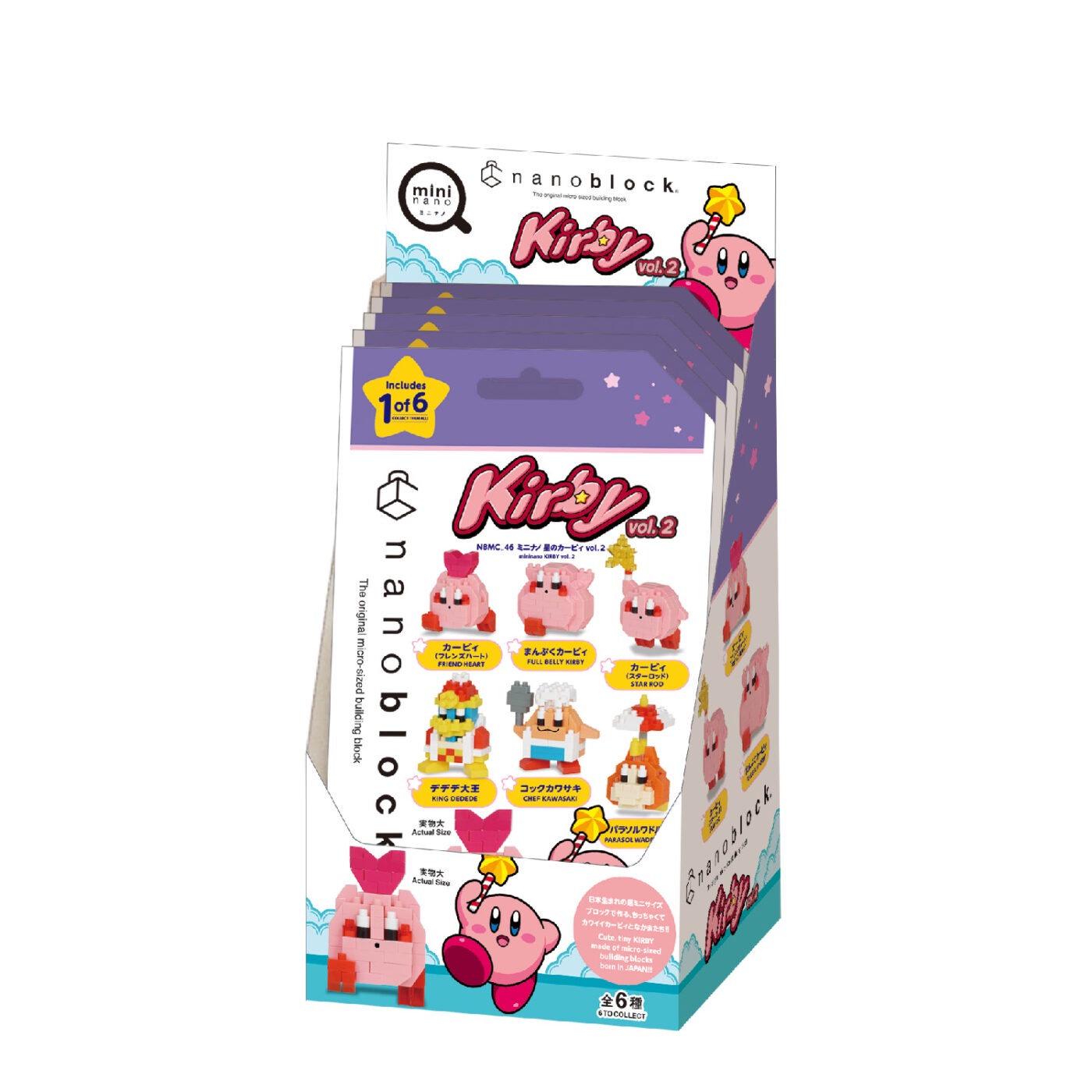 A box containing a collection of miniature figurines, specifically of the character Kirby from the video game series.