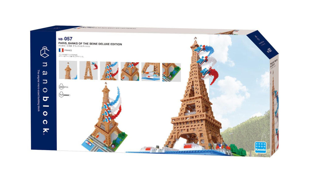 The image is a box for a building block set called "Paris Banks of the Seine Deluxe Edition". The box features a large image of the Eiffel Tower and smaller images of the tower and other Parisian landmarks.