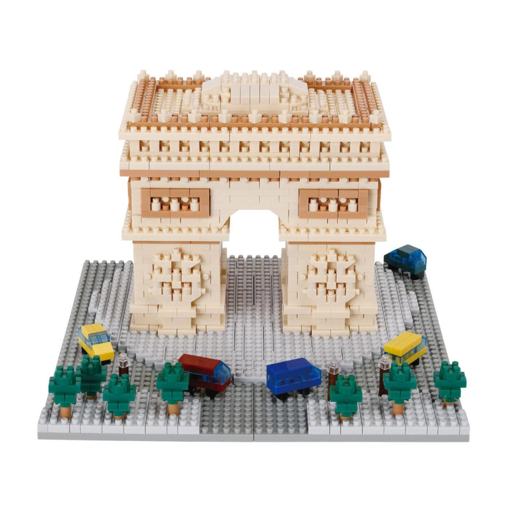 A model of the Arc de Triomphe made of Lego bricks, with various Lego vehicles and trees surrounding it.