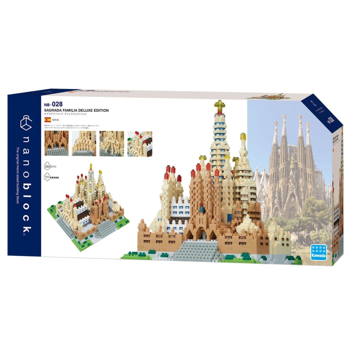 The image is a box containing a model kit of the Sagrada Familia, a famous Roman Catholic church in Barcelona, Spain. The box is designed to resemble the real-life structure, with various images of the church and its architectural elements. The box is labeled as a "Nano Block" and features a detailed description of the model kit, including the number "028" and the "Sagrada Familia Deluxe Edition" label.