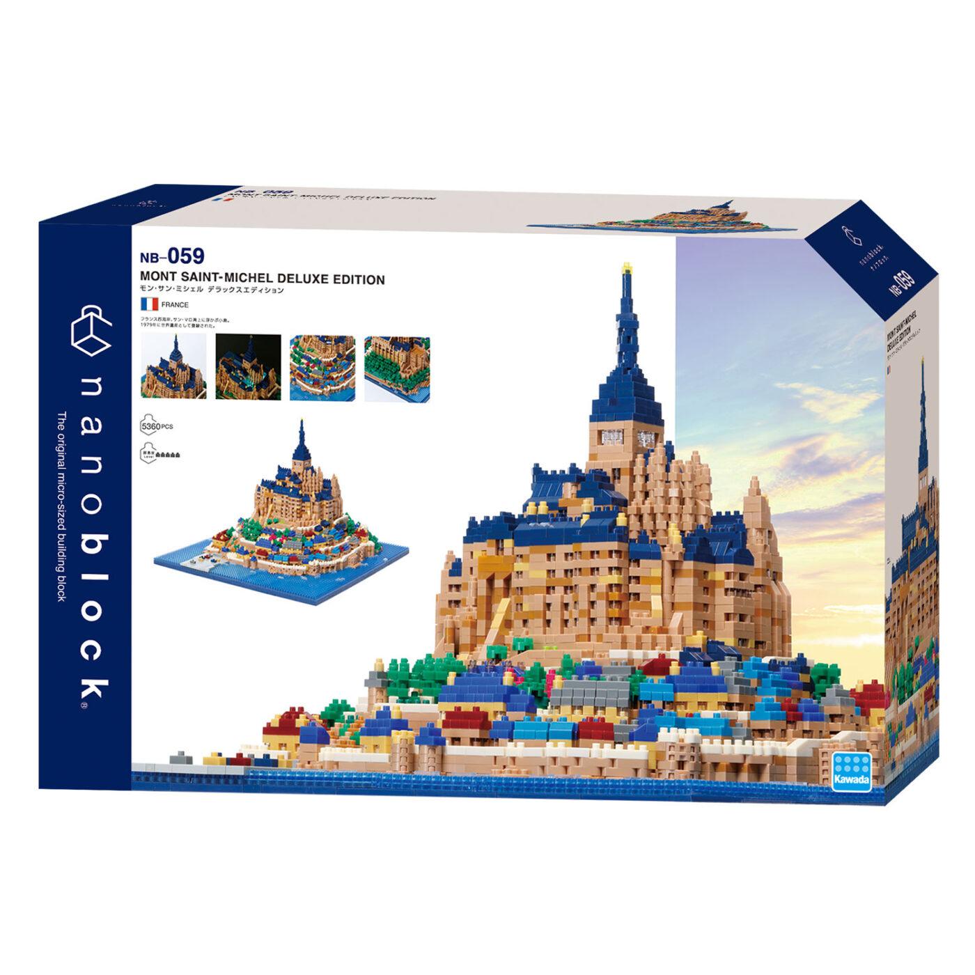 The image is a box containing a detailed model of the Mont Saint-Michel, a famous landmark in France. The box features a large photograph of the model, along with smaller images of the model, showcasing the intricate details and craftsmanship of the structure. The box is designed to be a building block set, allowing users to assemble the model according to the provided instructions.