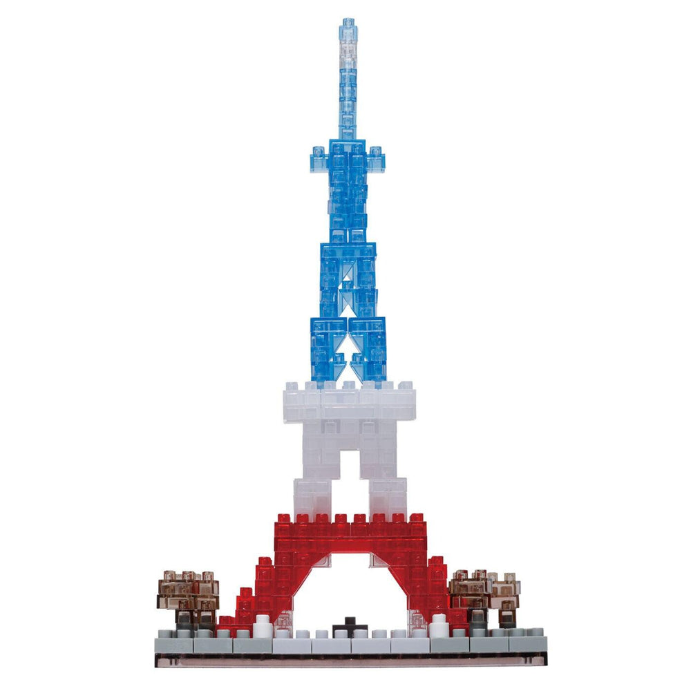 A colorful and intricate model of the Eiffel Tower made up of various building blocks in red, white, and blue colors.