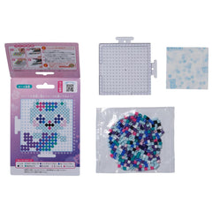 various items related to a craft or art project, including a package with instructions, a clear plastic container with colorful beads, and a clear plastic bag filled with beads.