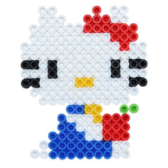 A pixelated image of a Hello Kitty character composed of various colored beads or buttons.