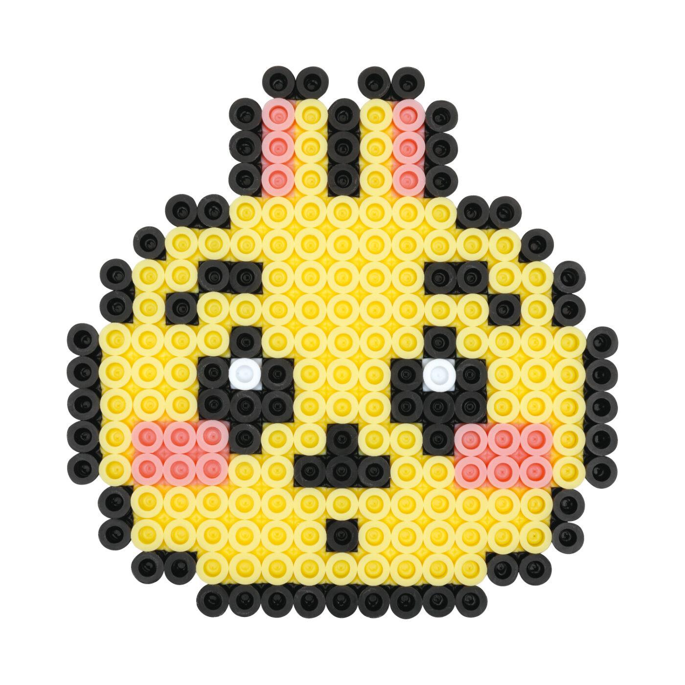 A pixelated character resembling a cartoon or anime-style face, composed of small circles in various colors including yellow, black, and pink.