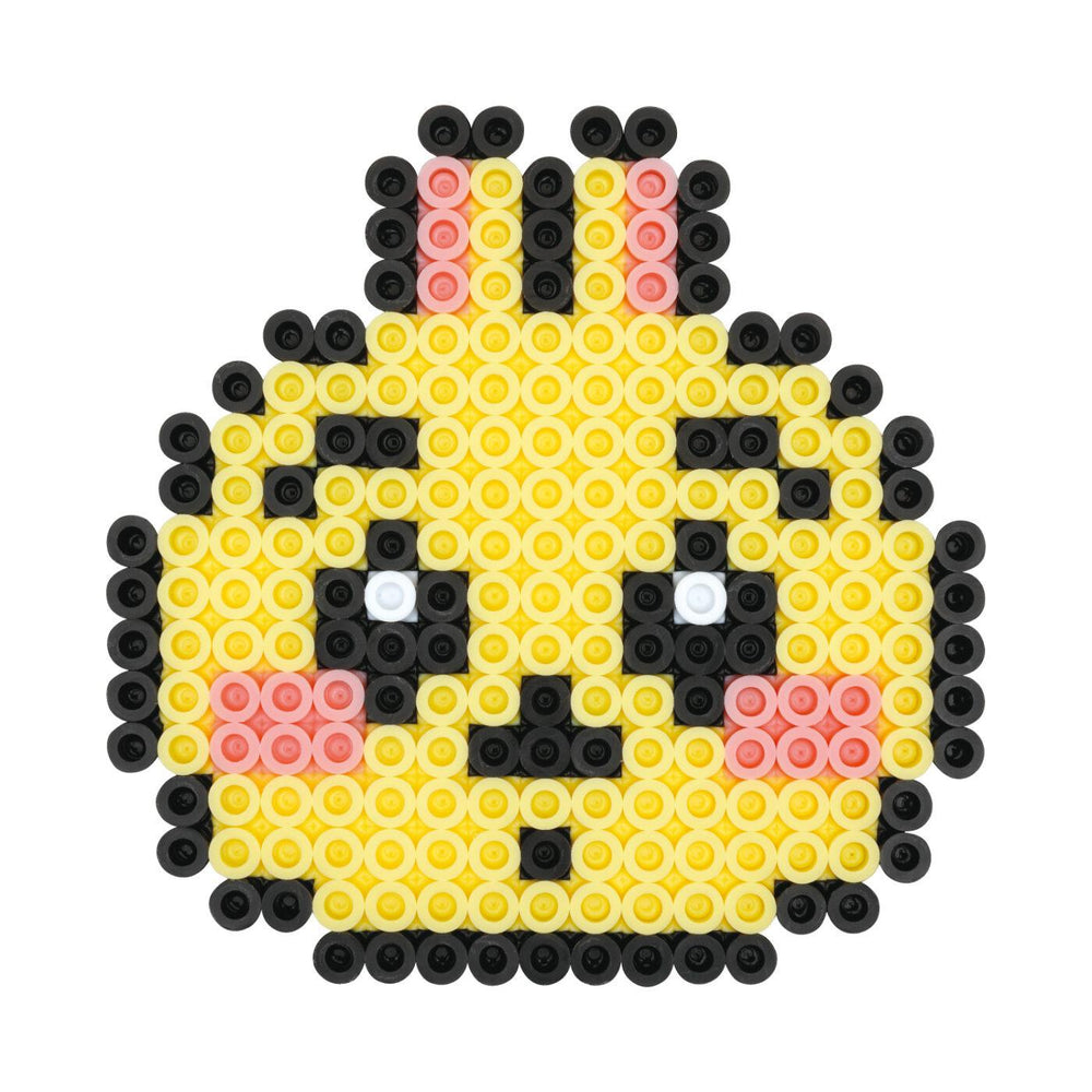 A pixelated character resembling a cartoon or anime-style face, composed of small circles in various colors including yellow, black, and pink.
