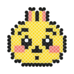 A pixelated character resembling a cartoon or anime-style face, composed of small circles in various colors including yellow, black, and pink.