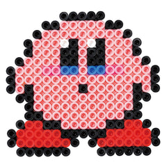 A pixelated character composed of small circular beads in various colors, including pink, black, and red.