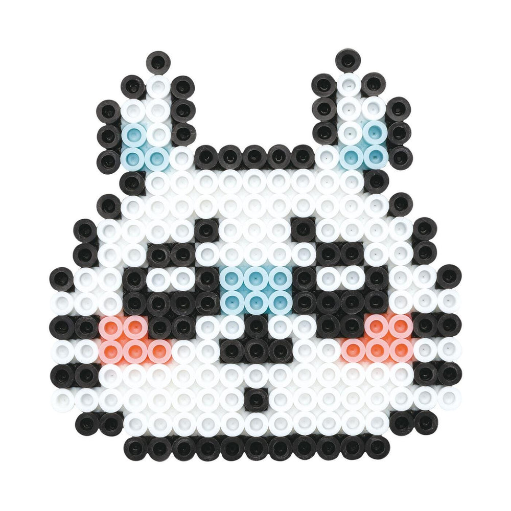 A pixelated image depicting a cute, cartoon-like rabbit or bunny character composed of small black and white beads.