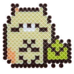 A pixelated character composed of small circular beads in various colors, including yellow, green, and brown.