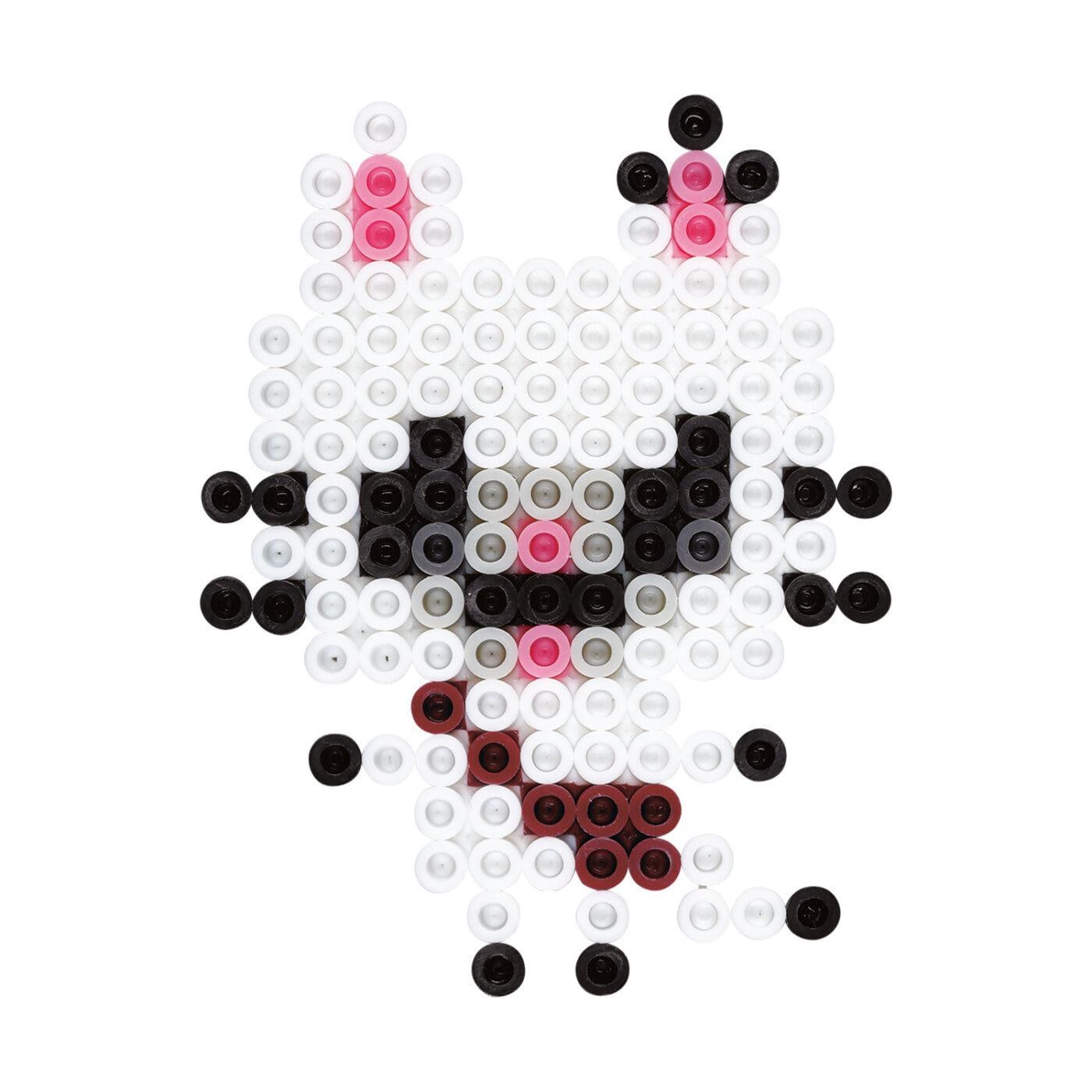 A pixelated image of a cat composed of small circles in various colors, including pink, black, and white.