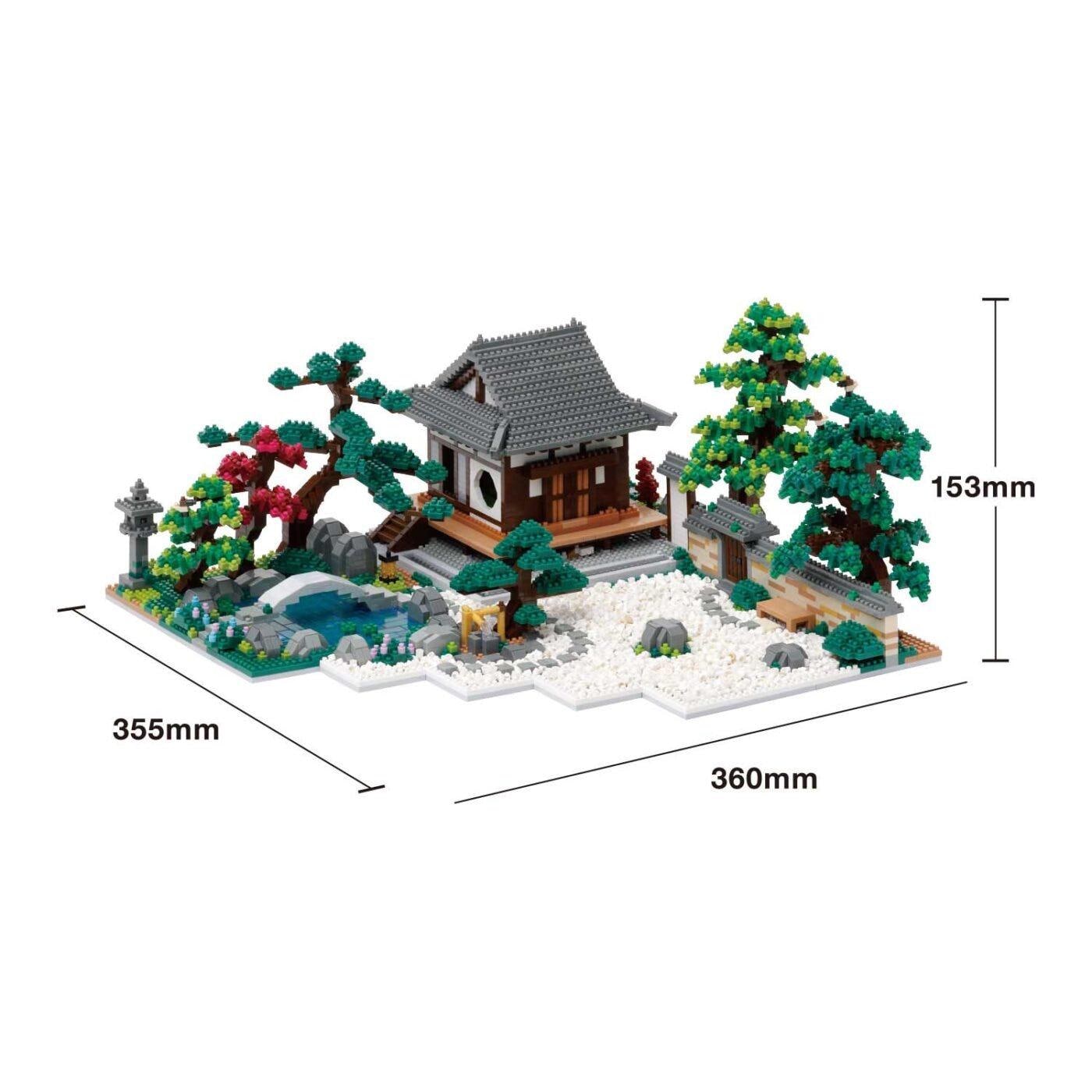 Japanese garden nano blocks diorama with two houses, trees, rocks, and pond