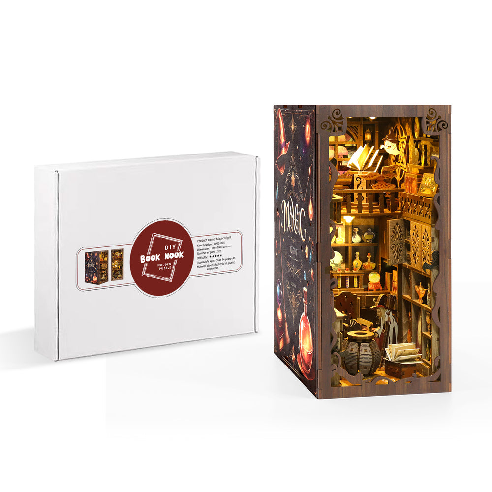 DIY book nook kit showing white outer box panel with logo and side view