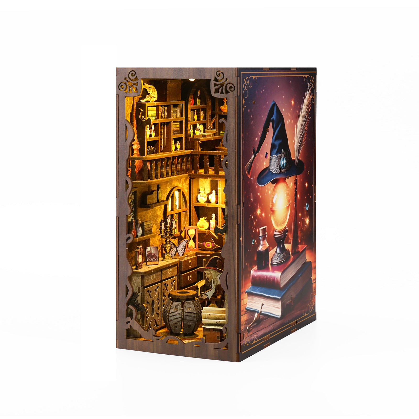 DIY book nook kit box showing open miniature room with lit shelves and counter