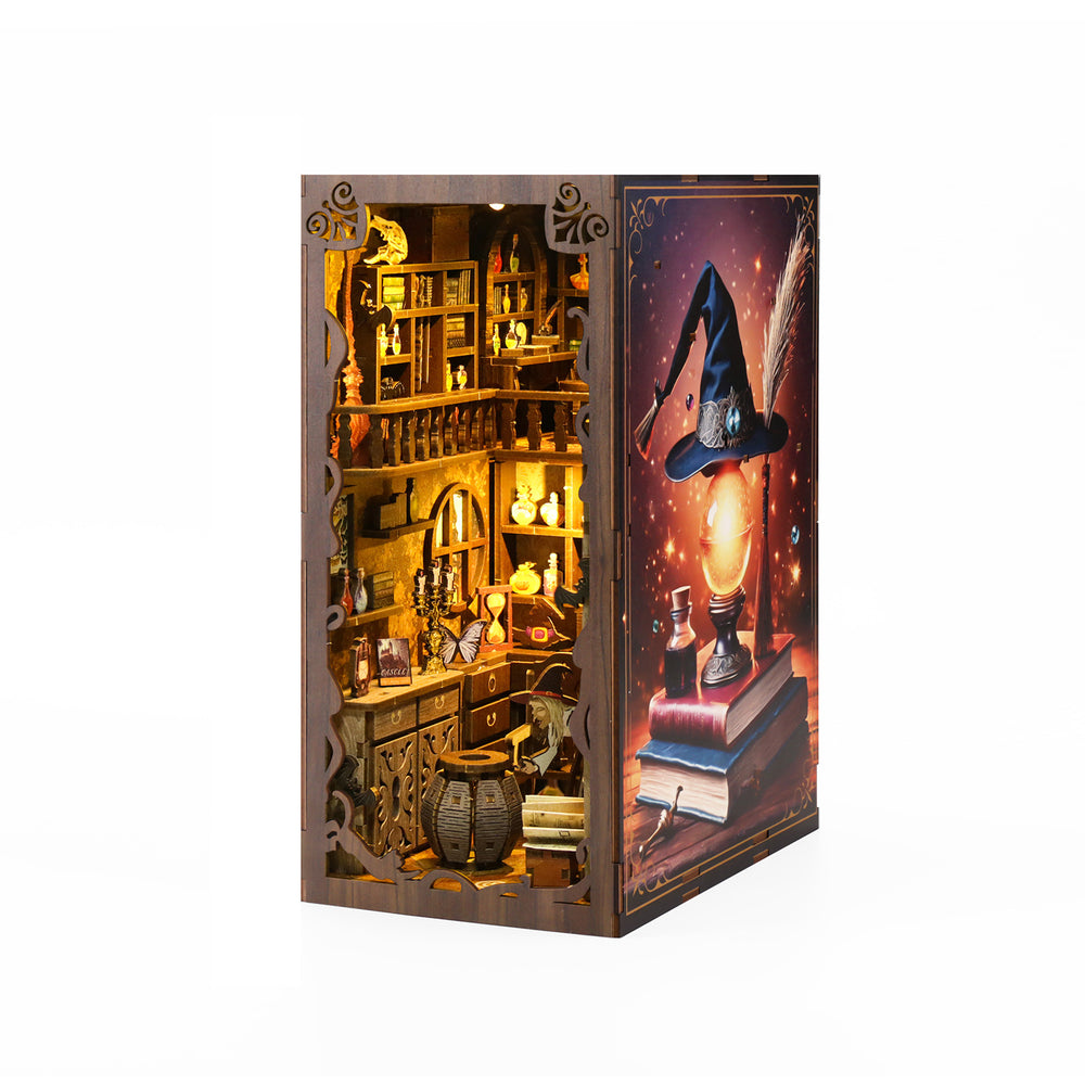 DIY book nook kit box showing open miniature room with lit shelves and counter