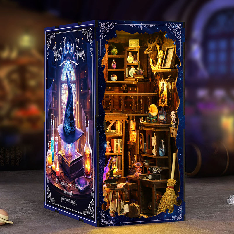 Book nook house kit with glowing wizard shelves and potion bottles, purple and gold lights