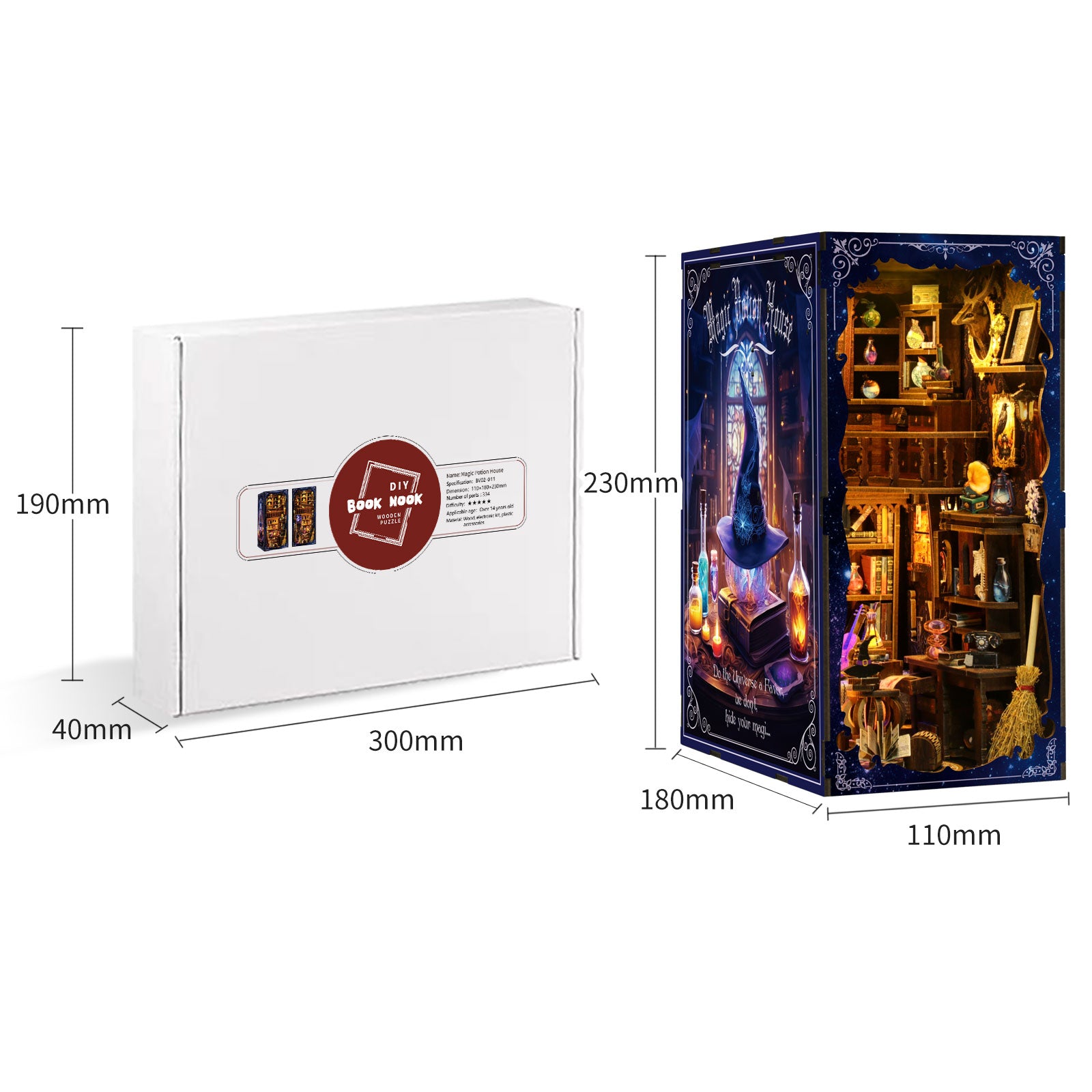 DIY book nook kit package box with size diagram and product insert card