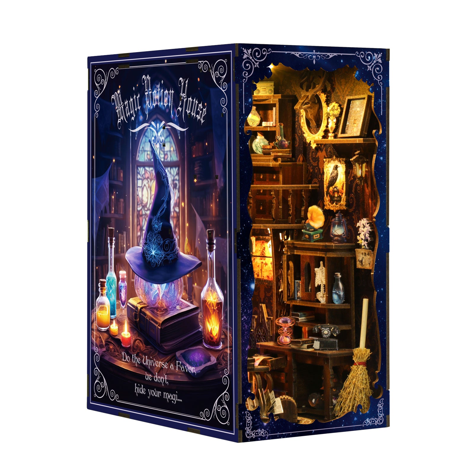 Book nook house kit with wizard-themed interior, glowing blue candles and shelves