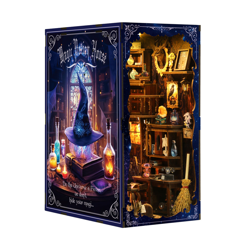 Book nook house kit with wizard-themed interior, glowing blue candles and shelves