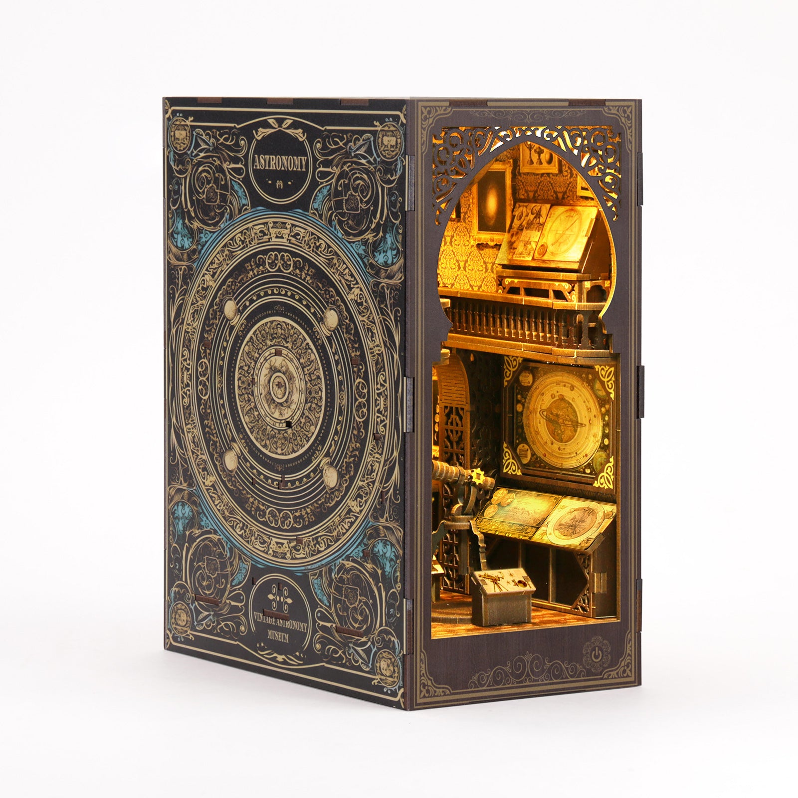 Astronomy DIY book nook kit, front view with open doors and illuminated miniature room