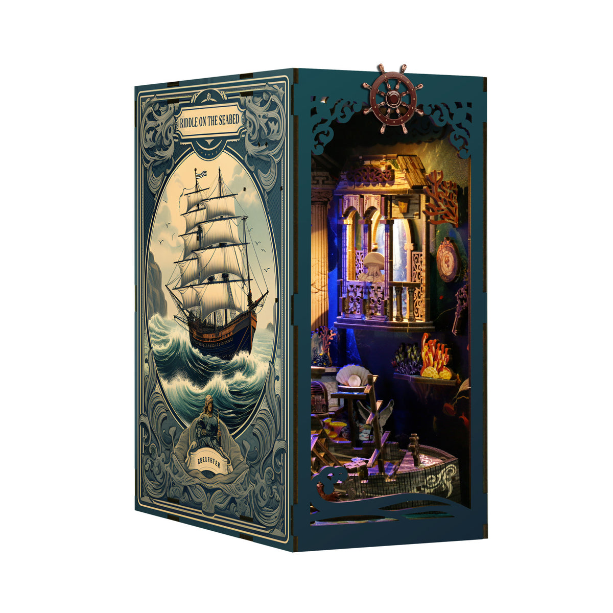 DIY ocean book nook kit box with ship artwork on the front panel, teal blue cover
