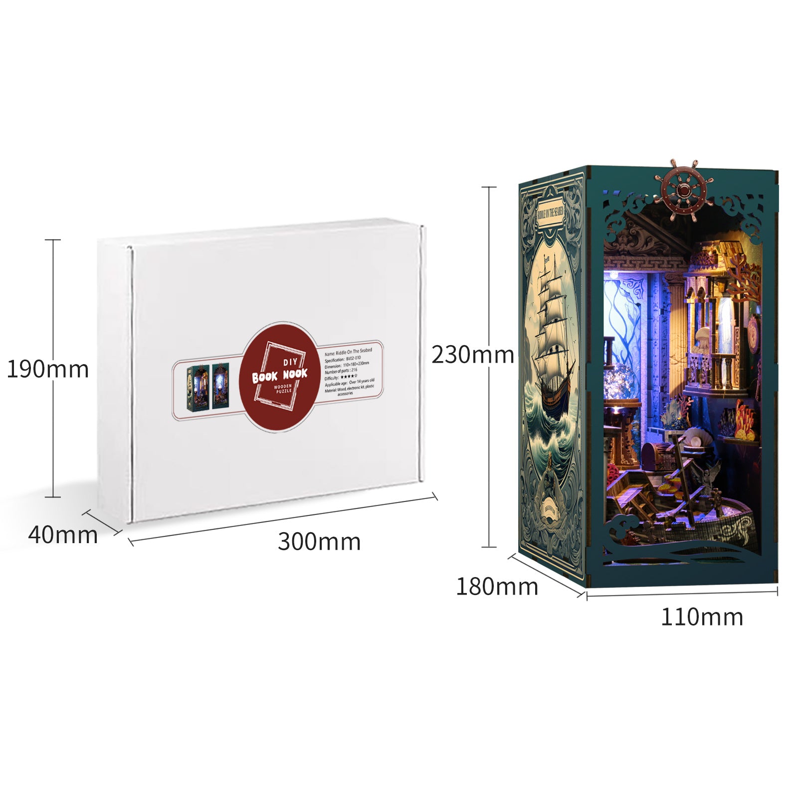 DIY ocean book nook kit box with ship graphic, shown with product dimensions